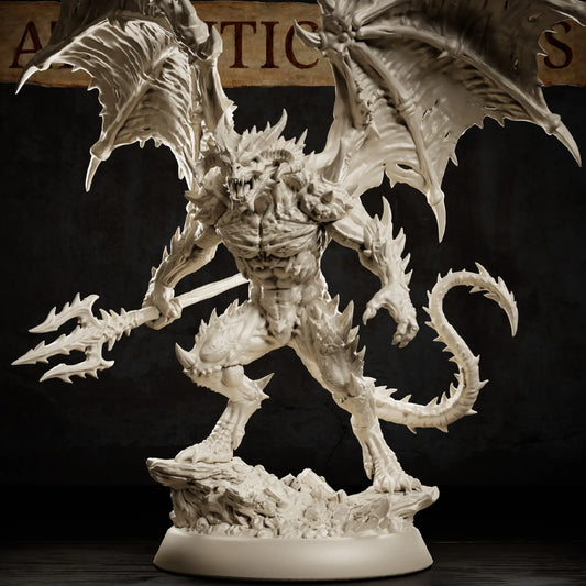Spined Devil miniature with large torn wings, horned head, barbed tail, forked weapon, and rocky scenic base.