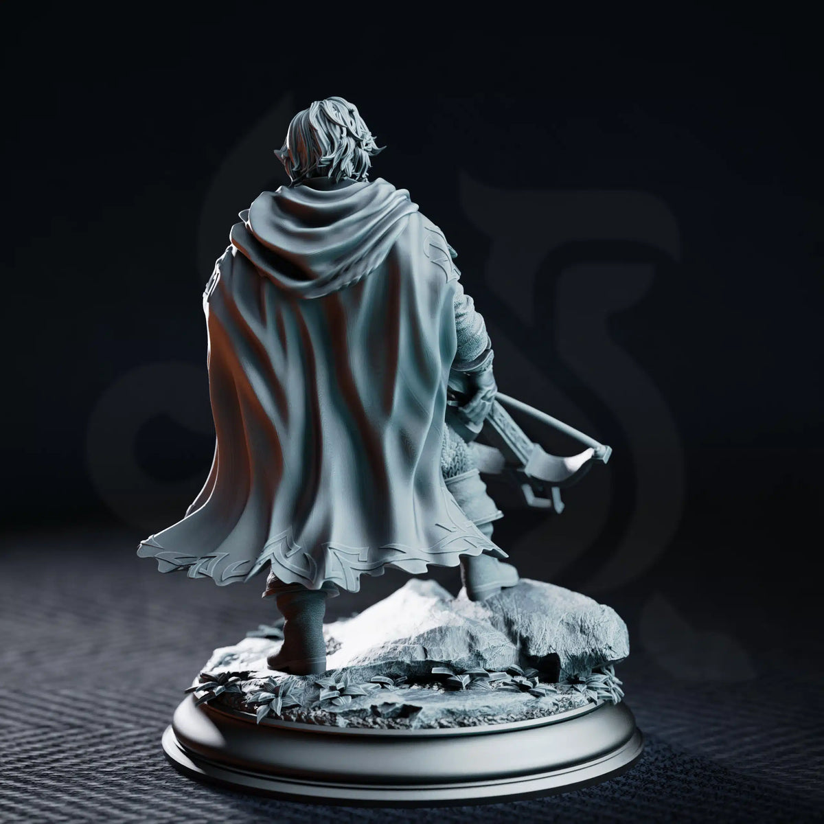Rear view of Sturian showing his flowing traveling cloak and crossbow.