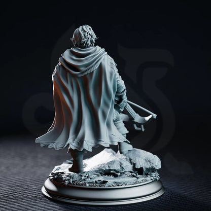 Rear view of Sturian showing his flowing traveling cloak and crossbow.