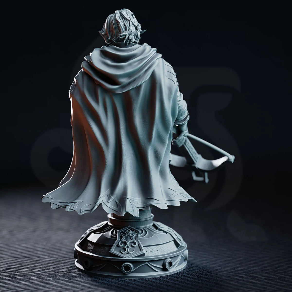Rear view of the Sturian display bust showing his cloak and decorative pedestal.