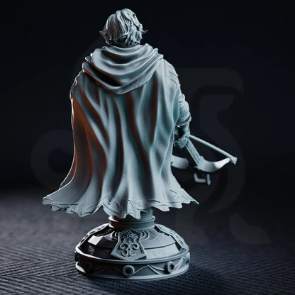 Rear view of the Sturian display bust showing his cloak and decorative pedestal.