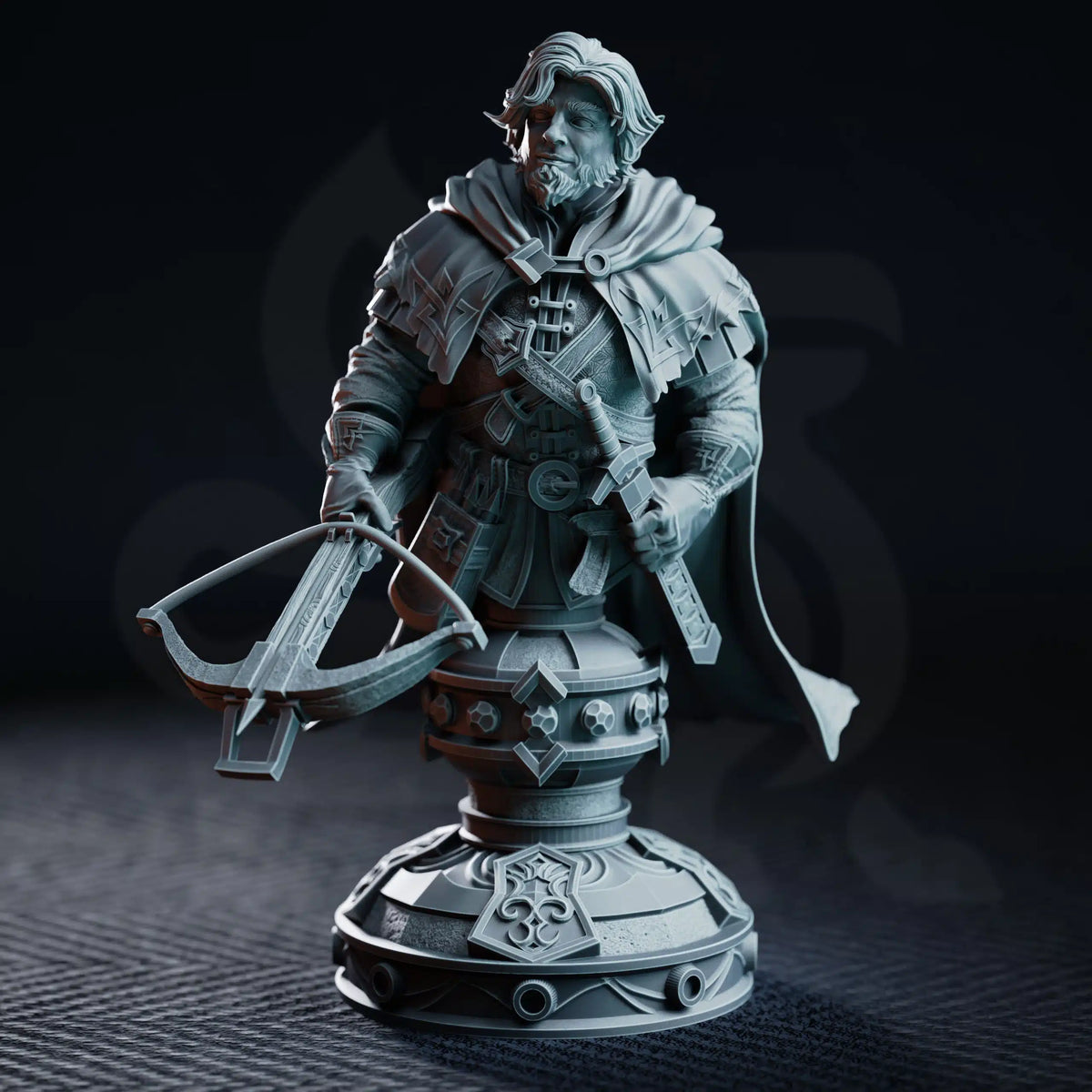 Sturian Halfling Ranger display bust with crossbow, sword, cloak, and decorative pedestal.