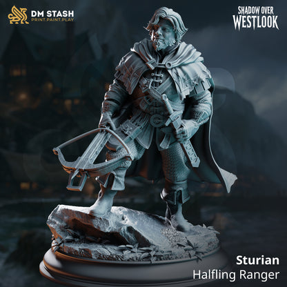 Sturian Halfling Ranger holding a crossbow and sword while wearing layered armor and a traveling cloak.