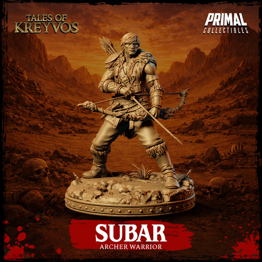 Subar Human Ranger archer holding a bow and arrow with a quiver across his back, shown from the front on a rocky base.