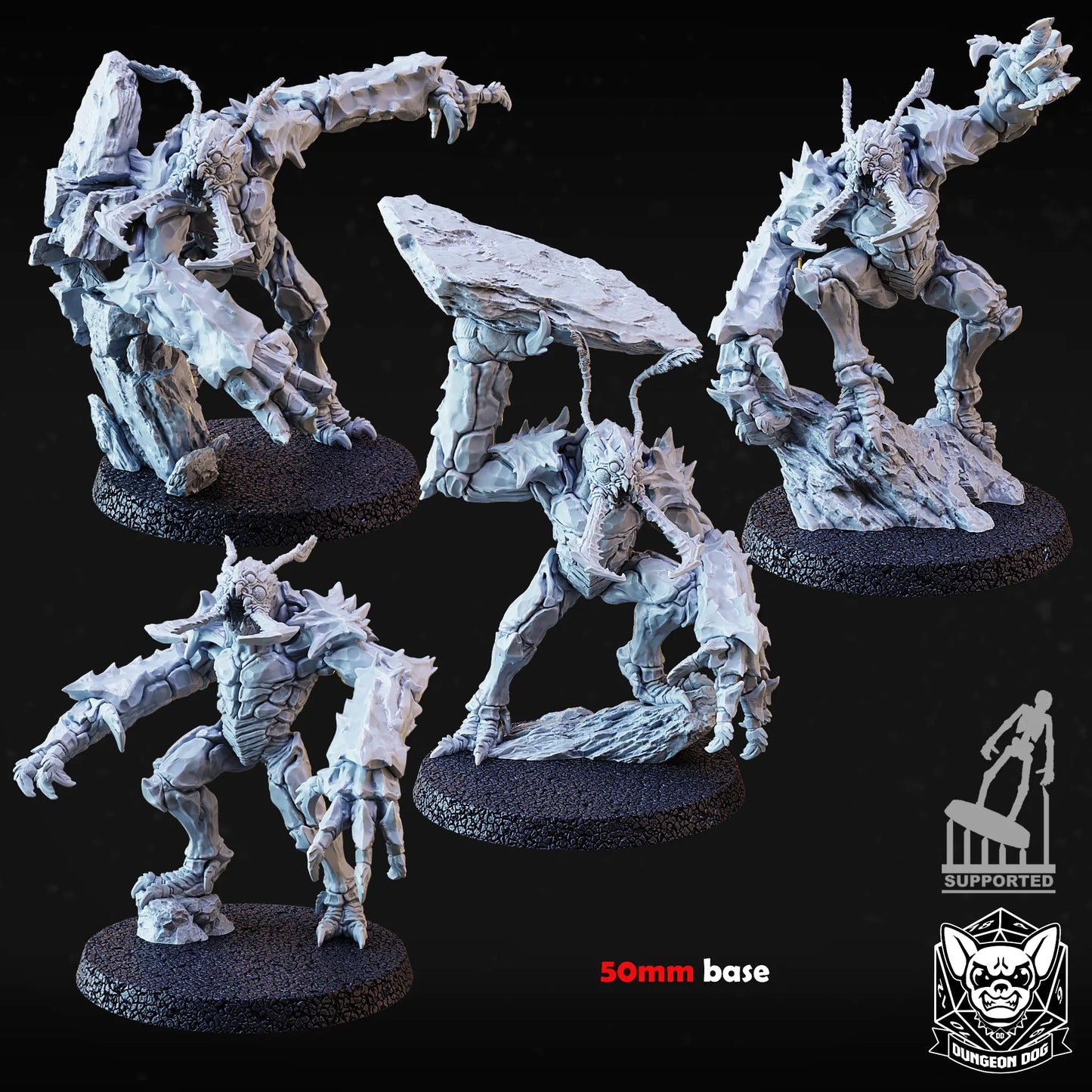 Group shot of the Subterranean Horror Miniature Bundle featuring 4 unique insectoid monster minis on 50mm bases by Dungeon Dog.