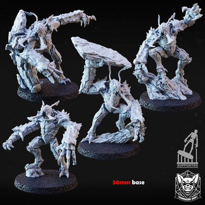 Group shot of the Subterranean Horror Miniature Bundle featuring 4 unique insectoid monster minis on 50mm bases by Dungeon Dog.