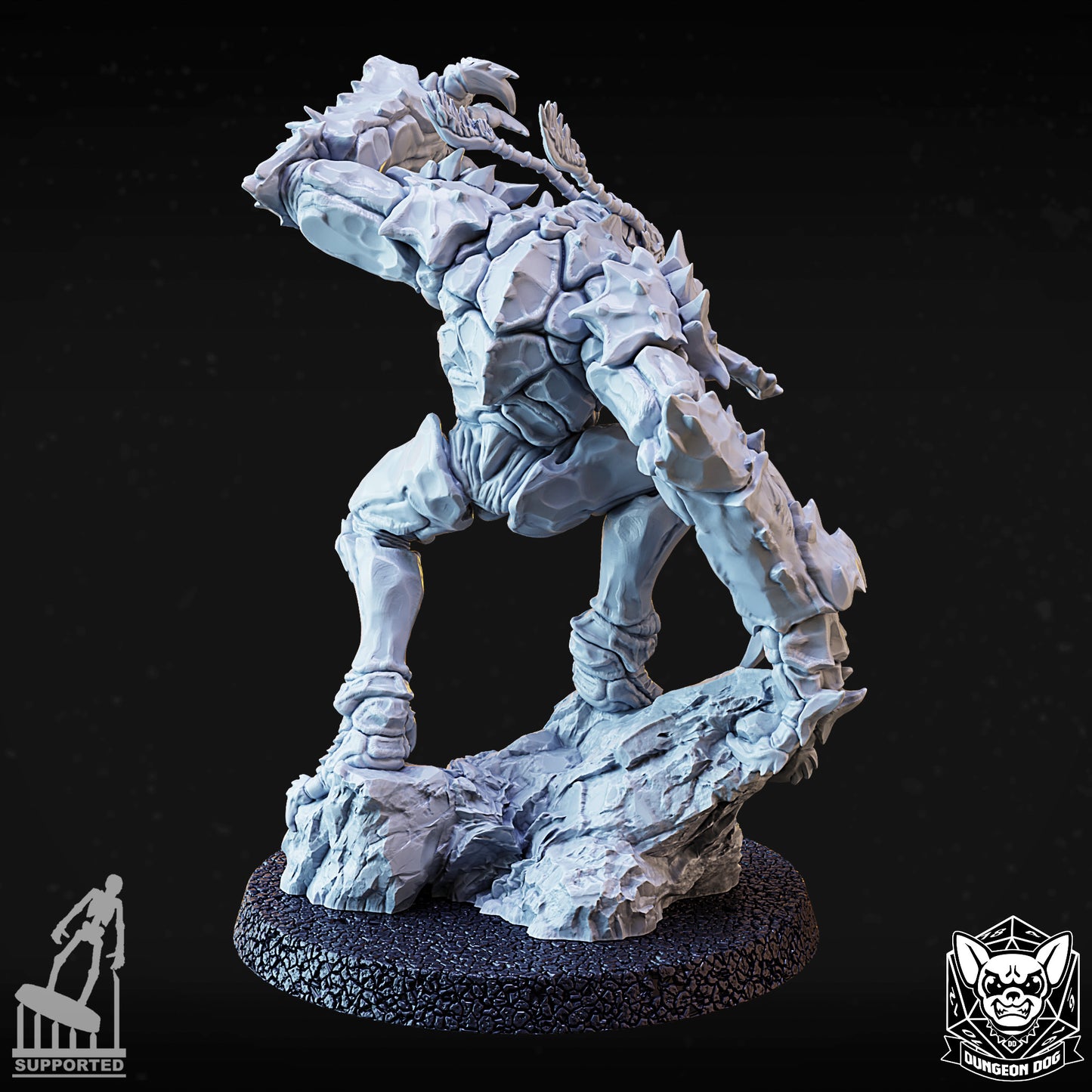 Rear view of the lunging variant B monster mini highlighting back spinal ridges and leg muscle texturing.
