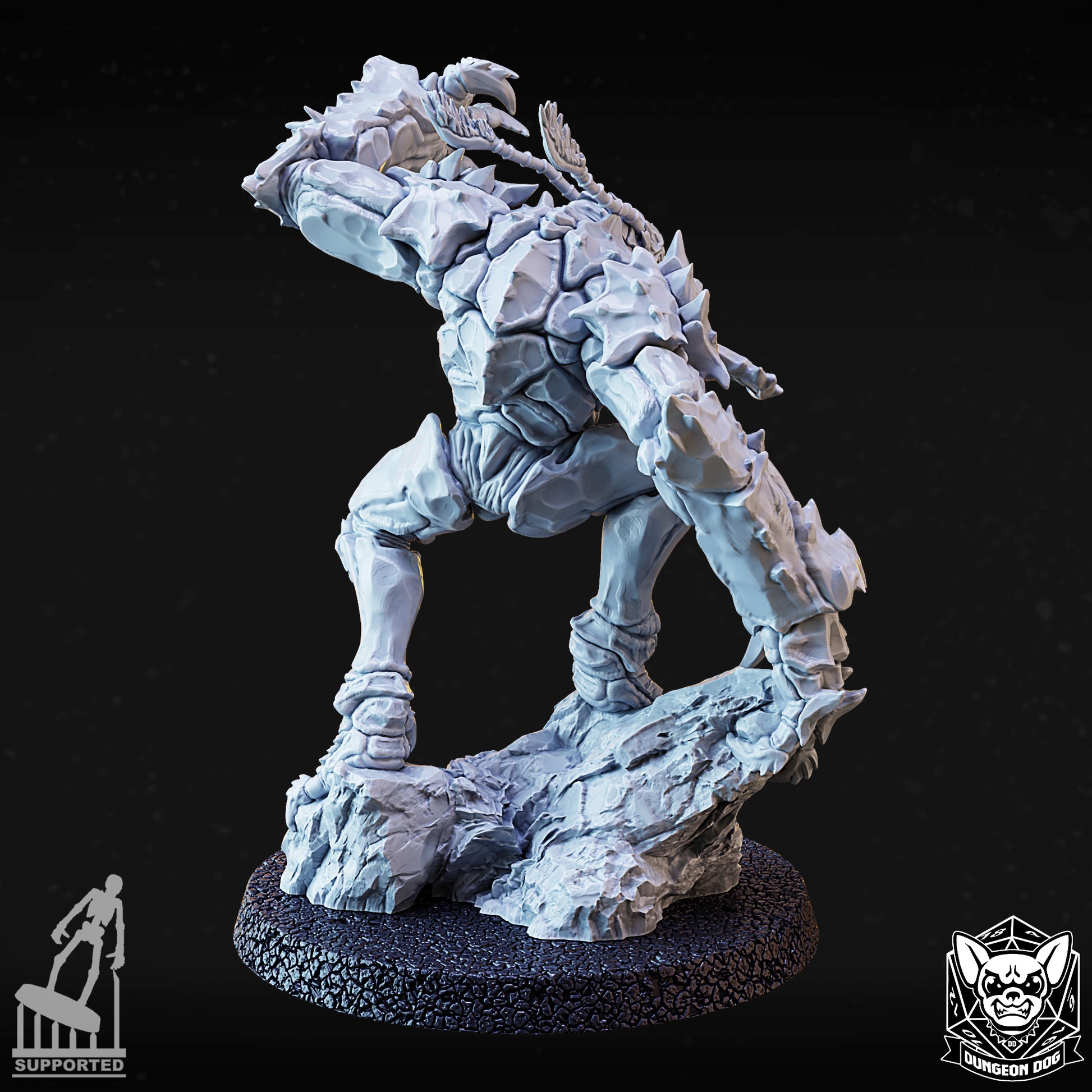 Rear view of the lunging variant B monster mini highlighting back spinal ridges and leg muscle texturing.