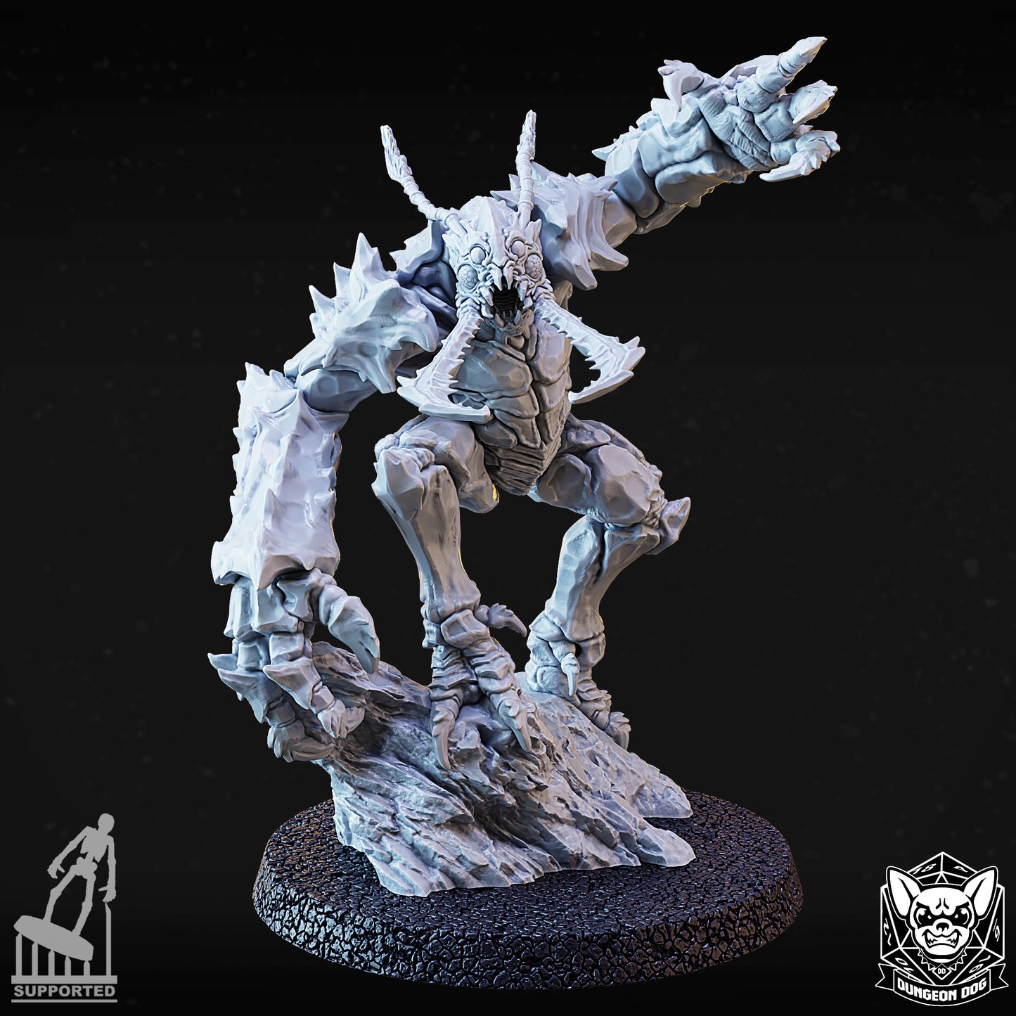 Front dynamic view of variant B chitinous cavern monster mini lunging forward on rocky terrain.