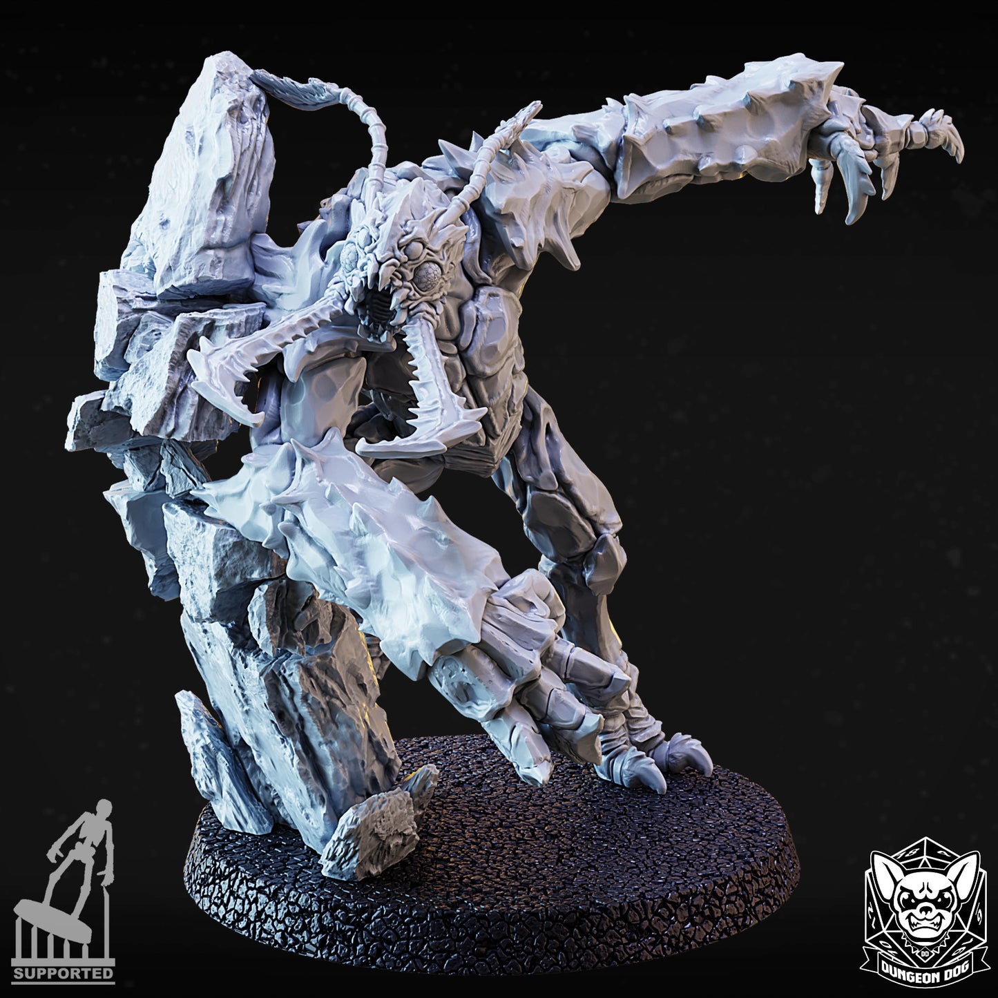 Front view of variant D resin monster miniature bursting dynamically through a stone cavern wall.
