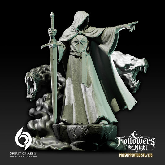 Summoner of the Night Shadow resin miniature showing a hooded spellcaster with sword and shadow beasts on a scenic base.