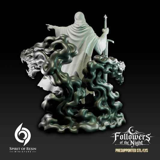 Back view of Summoner of the Night Shadow miniature featuring a hooded dark mage with swirling shadow creatures and scenic base.