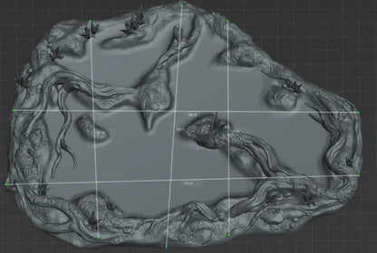 Slicer measurement view of the swamp scatter terrain base highlighting dimensional scale grid in millimeters.