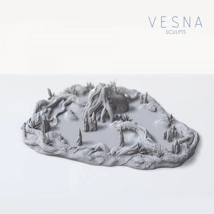 Assembled perspective view of swamp scatter terrain with fungal stump and cypress knees placed on the main base.