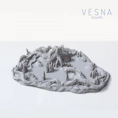 Assembled perspective view of swamp scatter terrain with fungal stump and cypress knees placed on the main base.