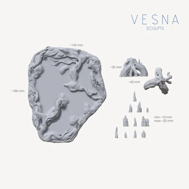 Render breakdown of the 13-piece swamp scatter terrain kit showing the main base, 2 dimension angles of the fungal stump, and 11 cypress knees.