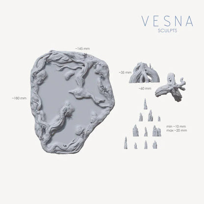 Render breakdown of the 13-piece swamp scatter terrain kit showing the main base, 2 dimension angles of the fungal stump, and 11 cypress knees.