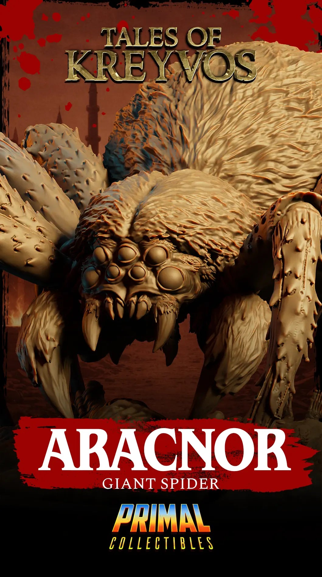 Vertical promotional banner for Aracnor Giant Spider by Primal Collectibles.
