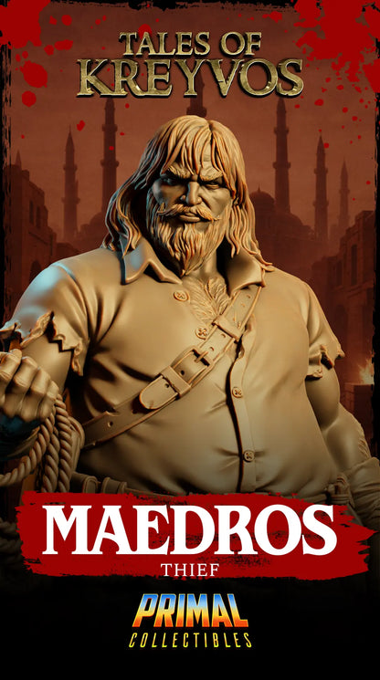 Vertical promotional poster banner for Maedros Thief by Primal Collectibles under the Tales of Kreyvos title.