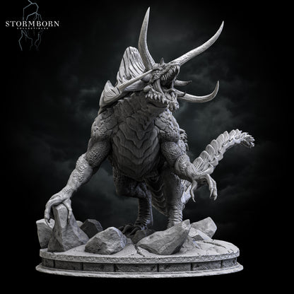 Direct front view of the Tarrasque displaying its terrifying horned head, wide maw, and clawed stance by Stormborn Collectibles.