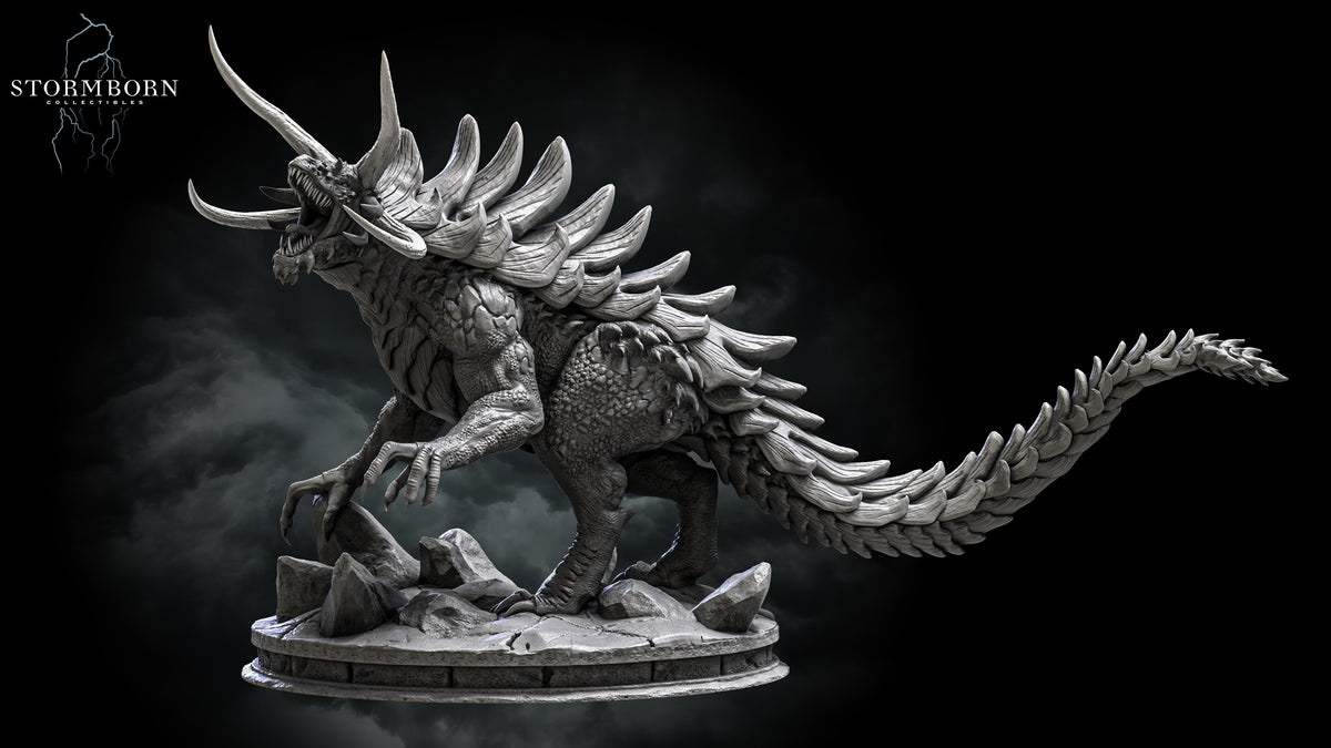 Full lateral perspective of the Gargantuan Tarrasque showing its long armored tail sweep standing 6.6 inches tall by Stormborn Collectibles.