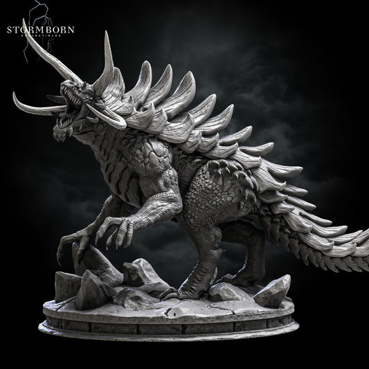 Left profile view of the Gargantuan Tarrasque resin miniature roaring atop a stone base by Stormborn Collectibles.