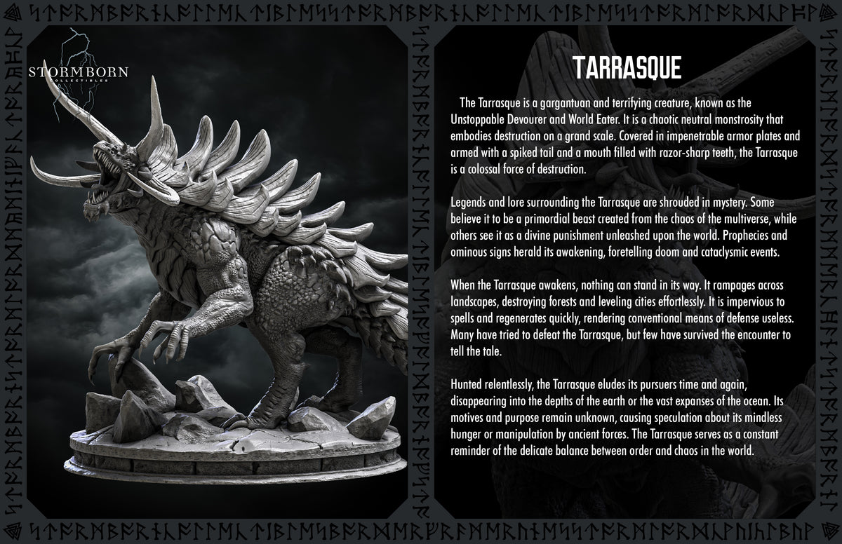 Lore graphics card detailing the background and description of the Tarrasque by Stormborn Collectibles.