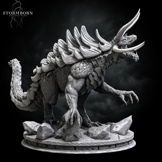 Right side view of the Tarrasque miniature showcasing its claws, armored tail, and muscular legs by Stormborn Collectibles.