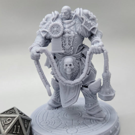 Tavian Holt Human Paladin miniature in heavy armor carrying a chained flail-style weapon.
