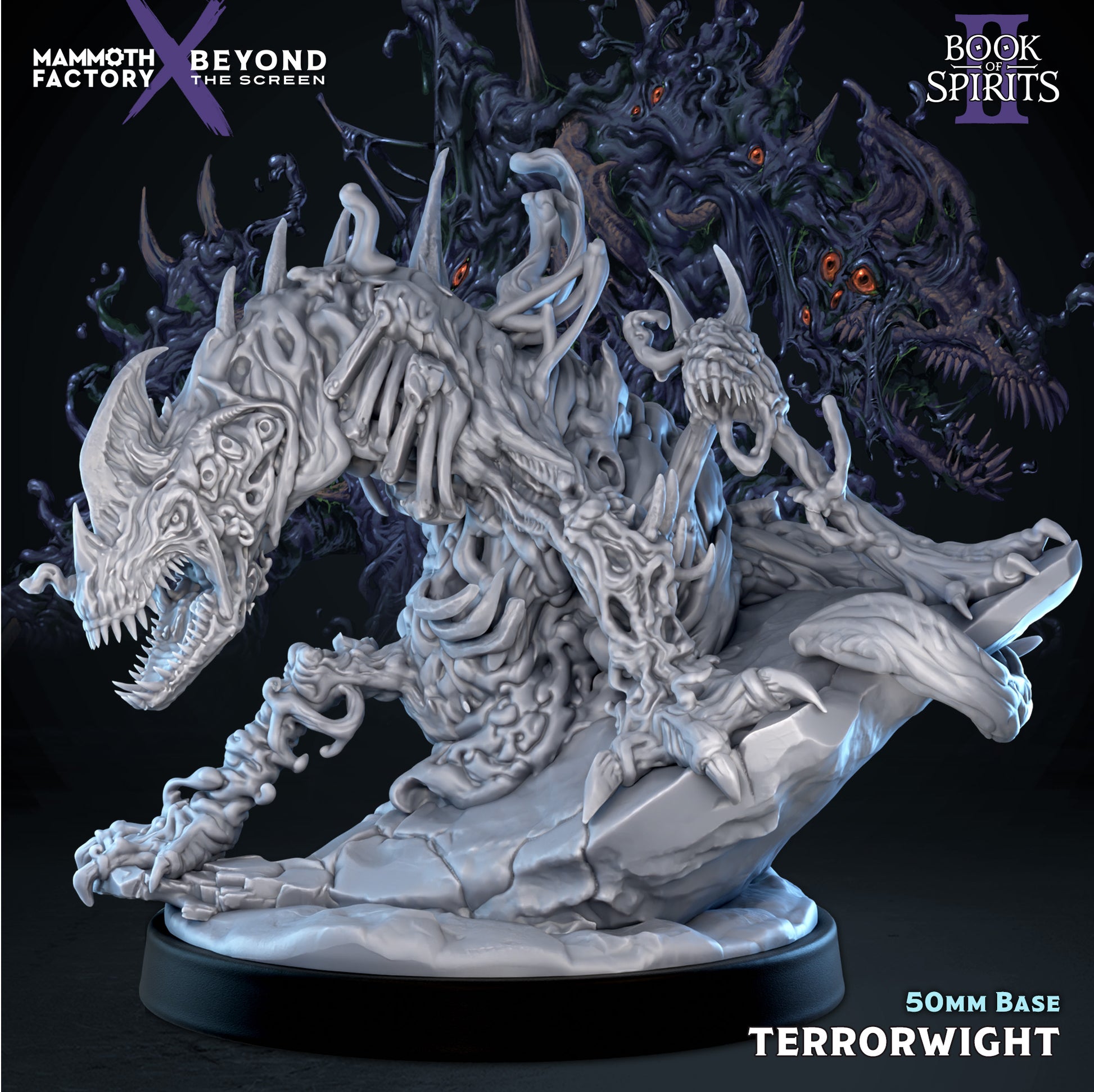 Front view render of the Terrorwight miniature, a large quadrupedal undead abomination with a skeletal rib cage body, a multi-eyed predatory head, and an additional snapping maw rising from its back, resting on a rocky scenic base.