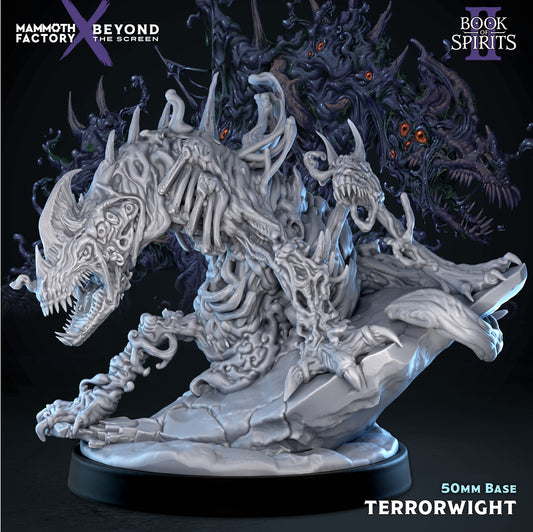 Front view render of the Terrorwight miniature, a large quadrupedal undead abomination with a skeletal rib cage body, a multi-eyed predatory head, and an additional snapping maw rising from its back, resting on a rocky scenic base.