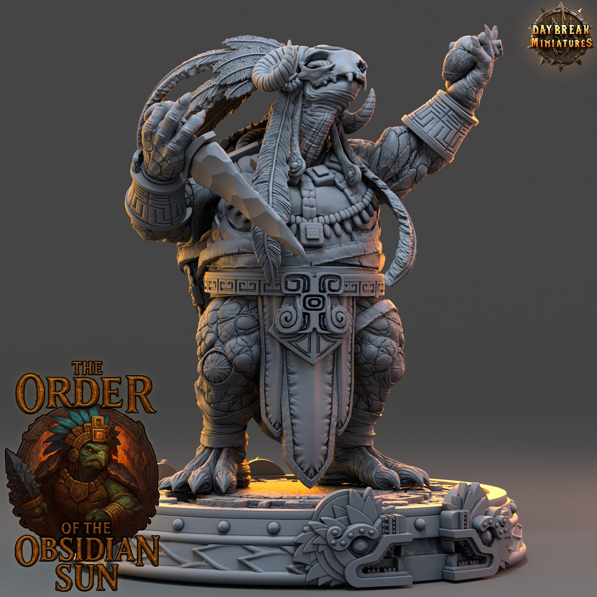 Tezcama the Obsidian Seer Large Tortle Warlock miniature with a massive shell and raised spellcasting hand.
