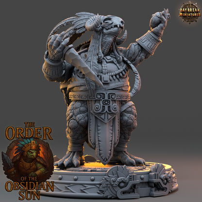 Tezcama the Obsidian Seer Large Tortle Warlock miniature with a massive shell and raised spellcasting hand.