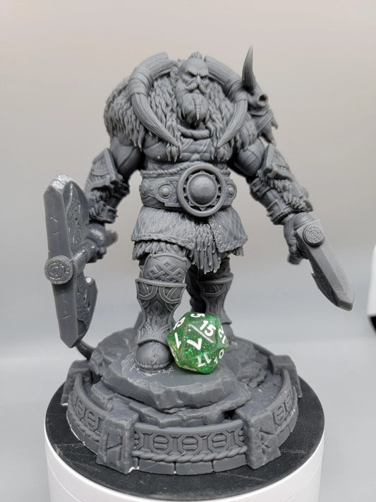 Thane Eboncry Dwarf Fighter miniature with heavy armor, fur mantle, large axe, and custom oversized scenic base.