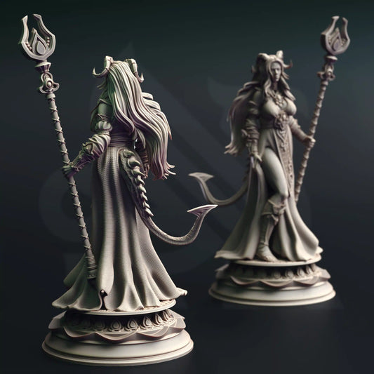 Clean front view render of the Tharia Moonshadow Tiefling Sorceress miniature showing detailed robes and decorative base.