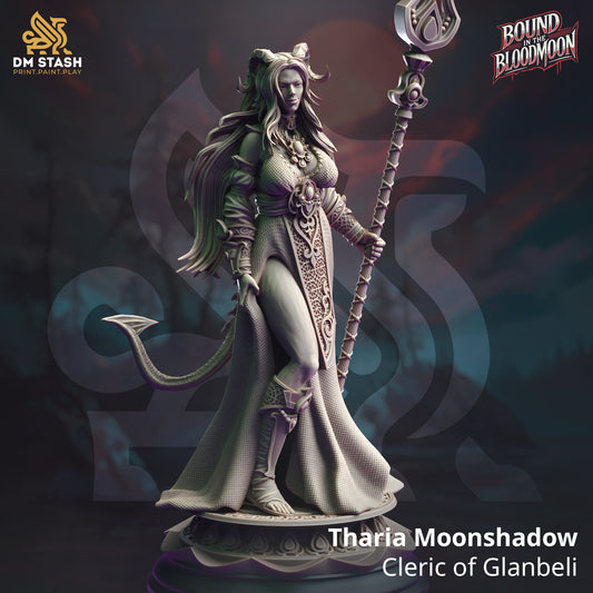 Main render view of the unpainted resin Tharia Moonshadow Cleric of Glanbeli Tiefling miniature holding a sacred staff.