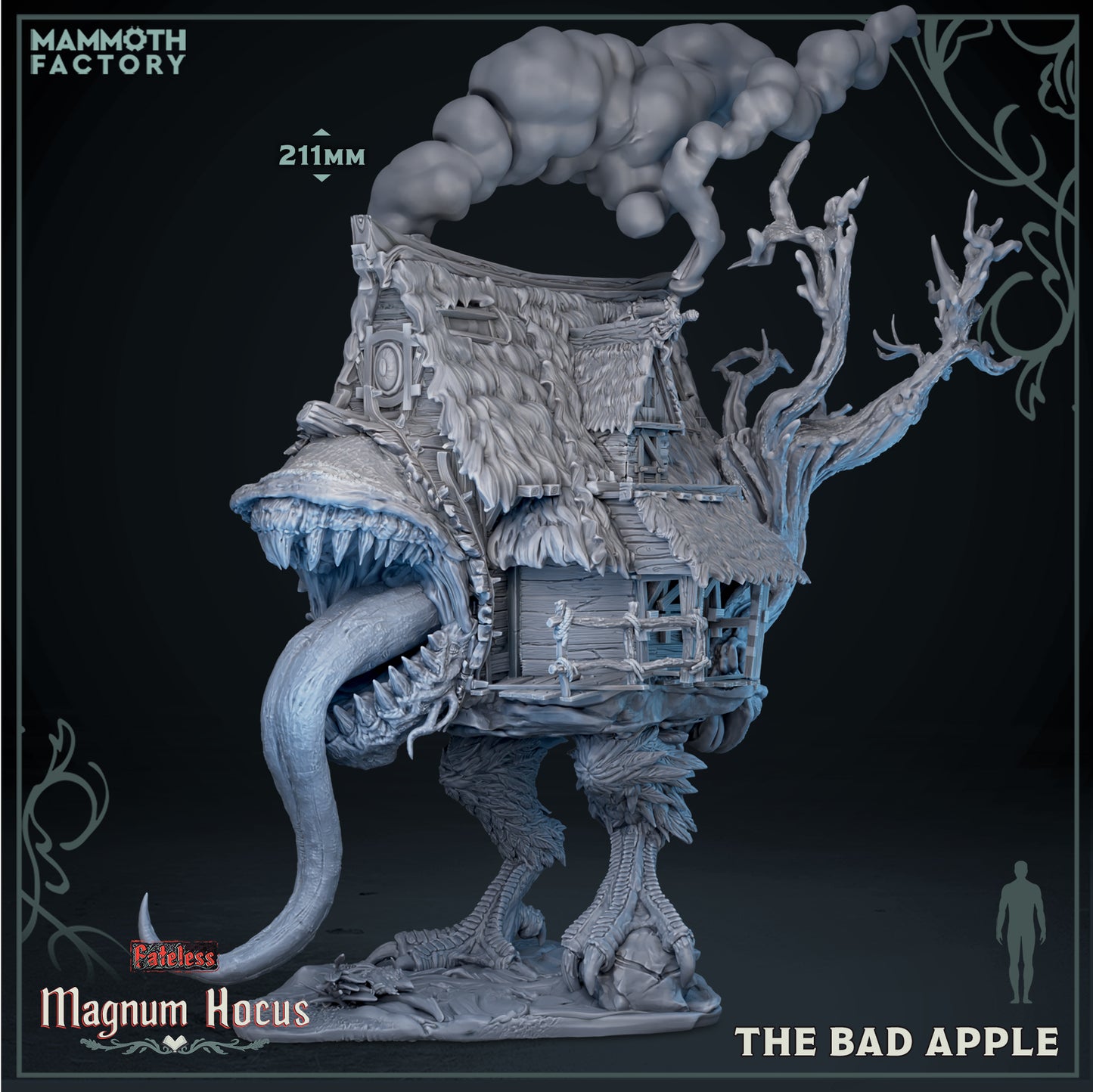 The Bad Apple walking hut 35mm scale resin miniature by Mammoth Factory featuring a monstrous cottage with chicken legs and a giant open toothy maw tongue extended.