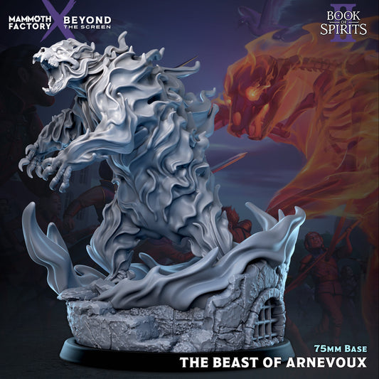 Front render view of the unpainted resin Beast of Arnevoux huge miniature in the Fire Body style, a mass of billowing elemental flames in a roaring bear stance on a 75mm sewer base.