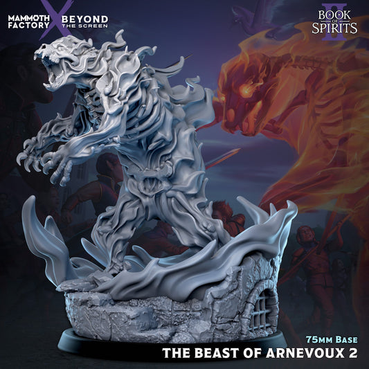 Side render view showing the intricate skeletal ribcage, spine, and leg bones of the Beast of Arnevoux miniature in the Skeleton Body style, surrounded by flame tendrils on a 75mm base.