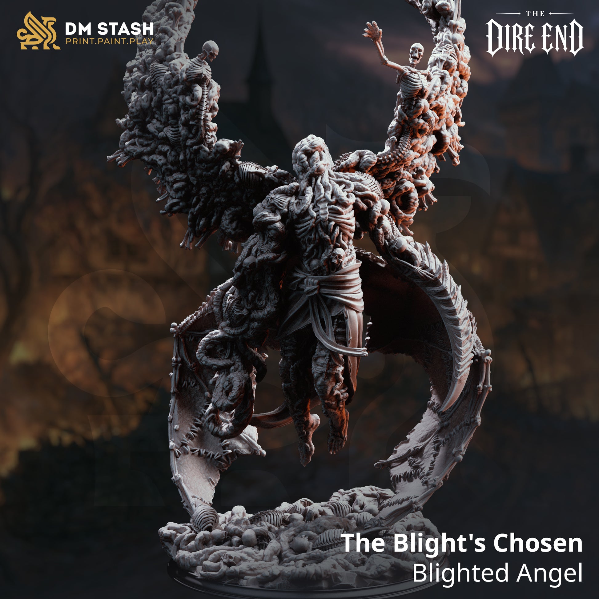 The Blight's Chosen Blighted Angel huge scale unpainted resin dark fantasy tabletop miniature with skeletal wings on a bone pile base by DM Stash