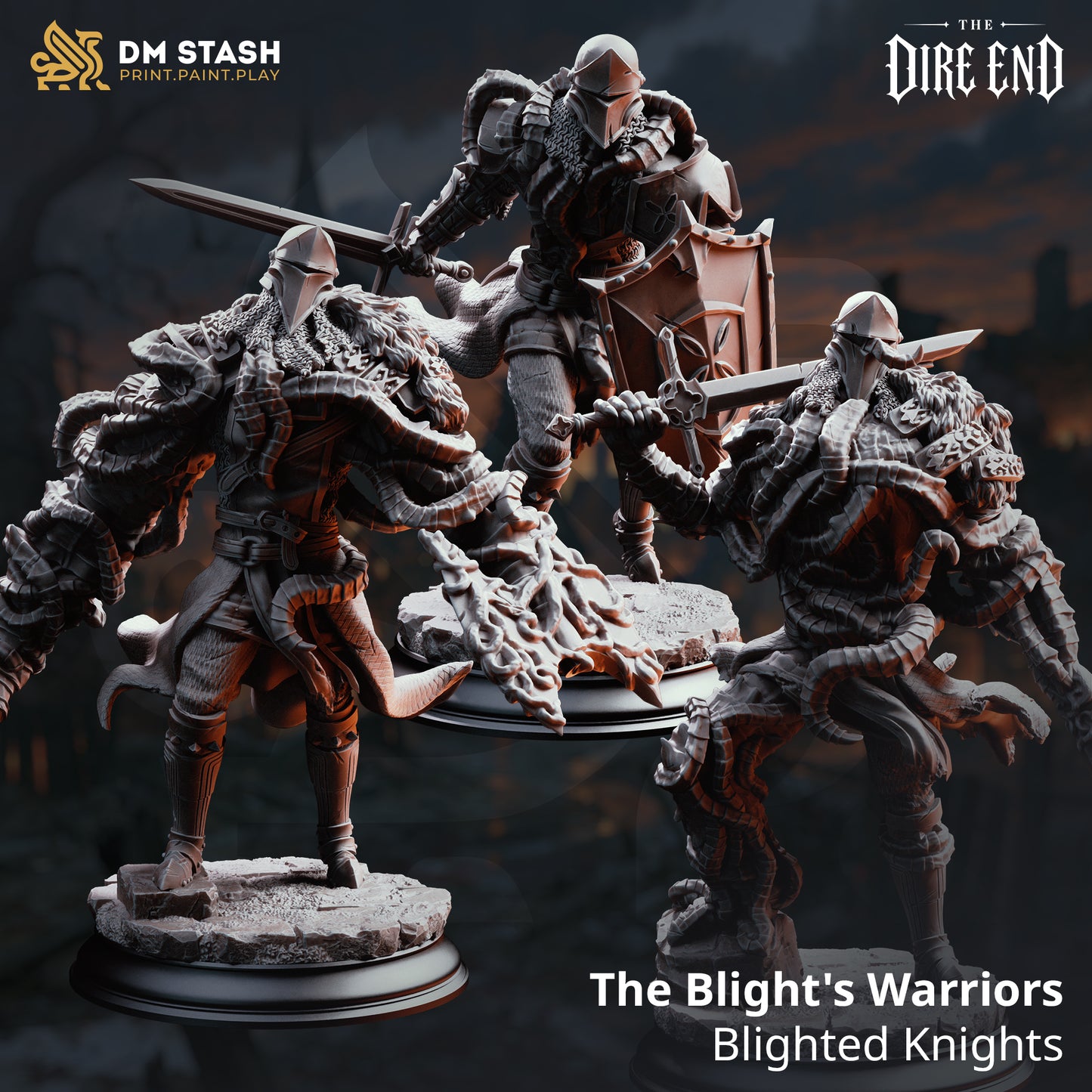 Three Blighted Knights miniatures from The Blight's Warriors collection by DM Stash, showcasing the Left Axe, Middle Shield, and Right Swords variants with corrupted armor and weapons.