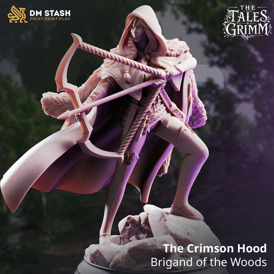 The Crimson Hood Human Female Ranger resin miniature by DM Stash aiming a bow.