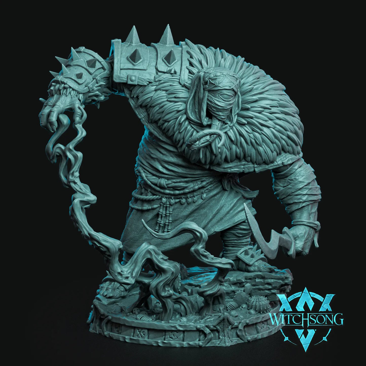 The Desiccated Tyrant huge scale unpainted resin tabletop miniature holding sickle weapon on desert base