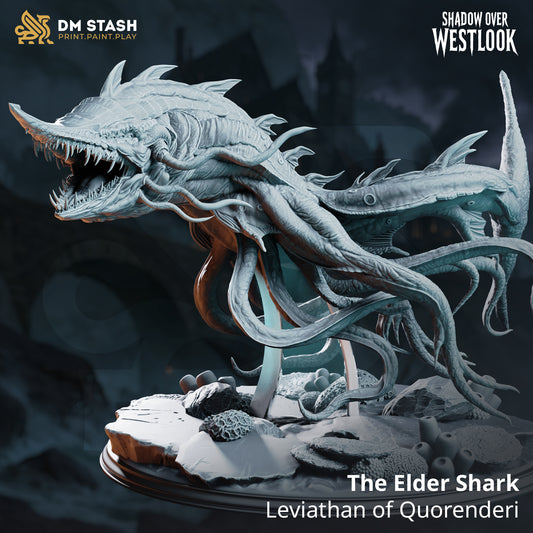 The Elder Shark Gargantuan Aberration miniature with massive jaws, armored fins, multiple tentacles, and aquatic scenic base.