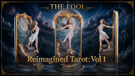 Multi-view display banner for The Fool Reimagined Tarot Volume 1 showing front, left, and right side angles of the resin figure.