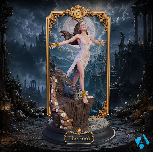 Front view render of The Fool 120mm scale resin display figure by Amai Takahashi featuring a woman stepping off a cliff in front of an ornate tarot card frame.