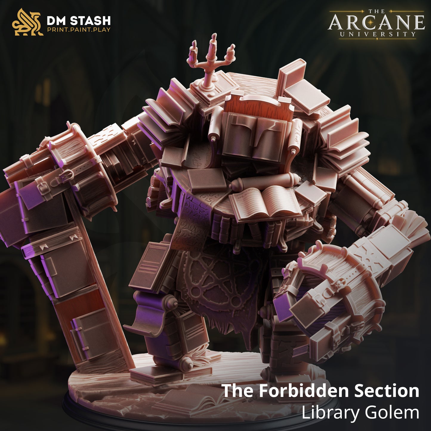 A 3D-rendered fantasy construct resin miniature titled "The Forbidden Section - Library Golem" by DM Stash. The hulking golem is made entirely out of stacked books, study tables, and scrolls, standing on a circular wooden floor base covered in scattered pages.