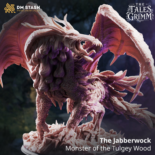Main promo render view of The Jabberwock Monster of the Tulgey Wood resin miniature by DM Stash with spread wings and roaring jaw.