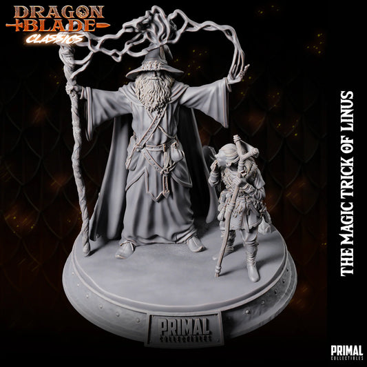 A gray 3D-printable tabletop miniature scene titled "The Magic Trick of Linus" by Primal Collectibles. It features an elderly, bearded human wizard wearing a classic pointed wizard hat and long robes, holding a gnarled wooden staff in one hand while channeling magical energy or smoke with his other raised hand. Next to him stands a small gnome or halfling child leaning on a wooden staff, looking up at the magic trick in awe.