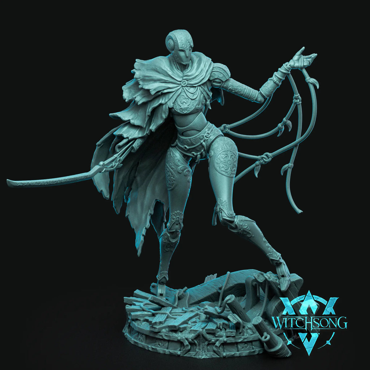 The Marionette's Lament huge tragic marionette miniature by Witchsong Miniatures on 3x3 base, 140mm tall with flowing strings and sorrowful pose.